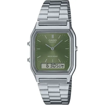 Srebrny Zegarek Casio Vintage AQ-230A-3AMQYES w stylu retro z wyświetlaczem i zieloną tarczą 
