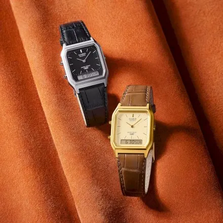 Srebrny zegarek Casio Vintage AQ-230EL-1AEF w stylu retro z wyświetlaczem i czarnym paskiem