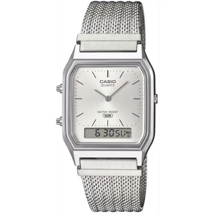Casio Vintage srebrny zegarek w stylu retro z bransoletką i srebrną tarczą AQ-230EM-7AEF