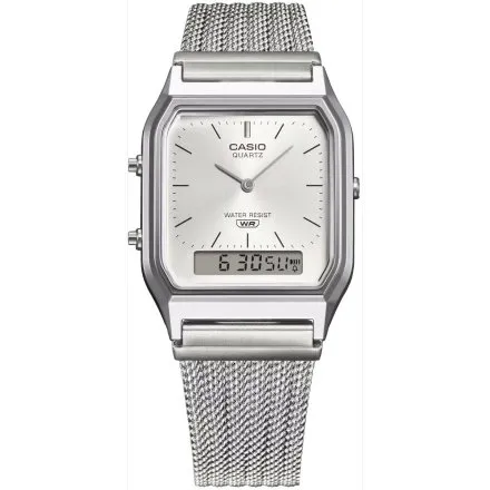 Casio Vintage srebrny zegarek w stylu retro z bransoletką i srebrną tarczą AQ-230EM-7AEF