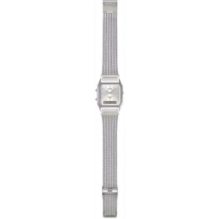 Casio Vintage srebrny zegarek w stylu retro z bransoletką i srebrną tarczą AQ-230EM-7AEF