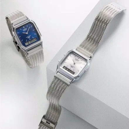 Casio Vintage srebrny zegarek w stylu retro z bransoletką i srebrną tarczą AQ-230EM-7AEF