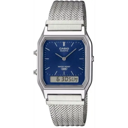Casio Vintage srebrny zegarek w stylu retro z bransoletką i granatową tarczą AQ-230EM-2AEF