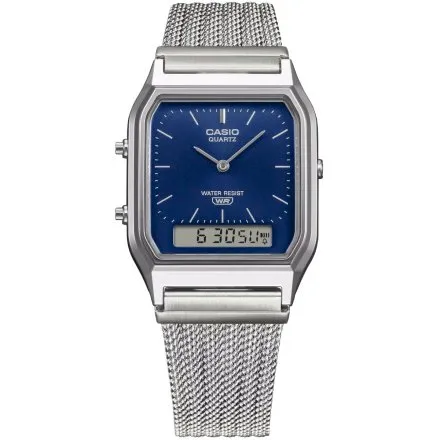 Casio Vintage srebrny zegarek w stylu retro z bransoletką i granatową tarczą AQ-230EM-2AEF