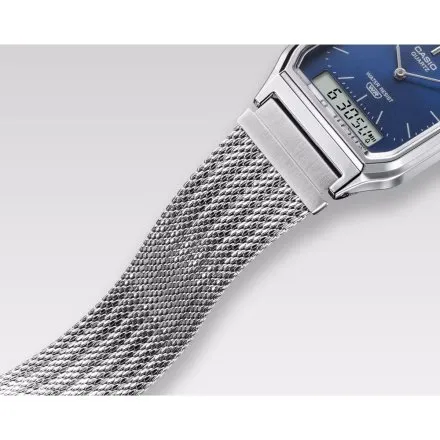 Casio Vintage srebrny zegarek w stylu retro z bransoletką i granatową tarczą AQ-230EM-2AEF