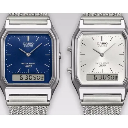 Casio Vintage srebrny zegarek w stylu retro z bransoletką i granatową tarczą AQ-230EM-2AEF