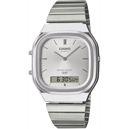 Casio Vintage srebrny zegarek w stylu retro z bransoletką i srebrną tarczą AQ-240E-7AEF