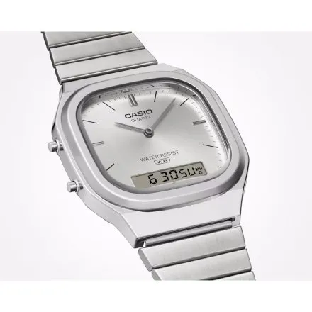 Casio Vintage srebrny zegarek w stylu retro z bransoletką i srebrną tarczą AQ-240E-7AEF