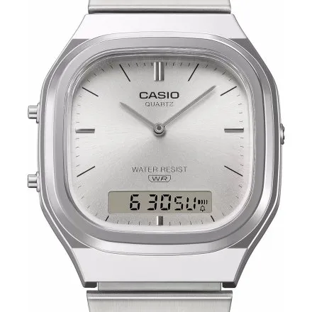 Casio Vintage srebrny zegarek w stylu retro z bransoletką i srebrną tarczą AQ-240E-7AEF