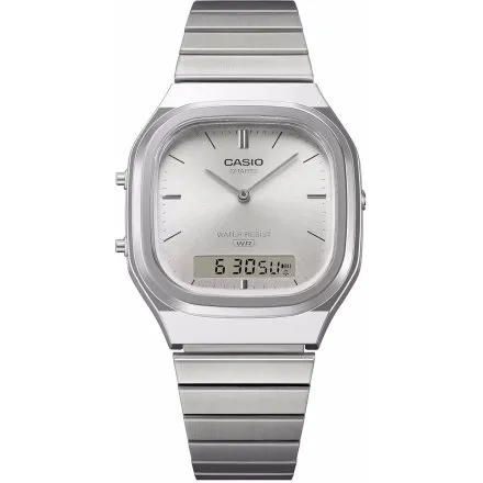 Casio Vintage srebrny zegarek w stylu retro z bransoletką i srebrną tarczą AQ-240E-7AEF