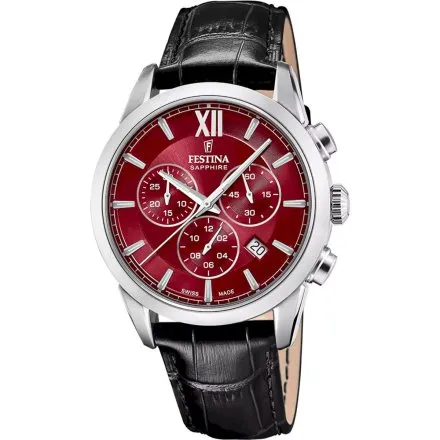 Festina Swiss Made zegarek męski na pasku rubinowy ze stoperem 20041/5