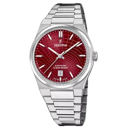 Festina Swiss Made 20051/7 Zegarek Męski srebrny z rubinową tarczą