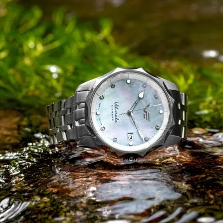 Zegarek damski Vostok Europe Vilnelė Diamond srebrny z bransoletą diamenty, solar, 100m