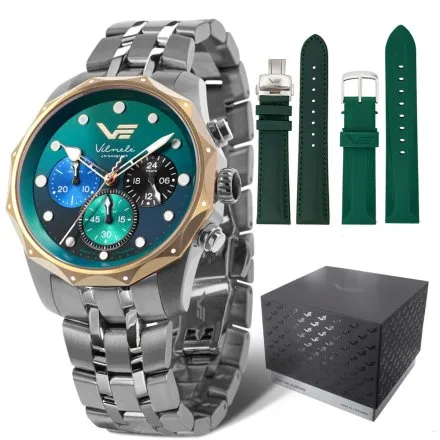 Zegarek damski Vostok Europe Vilnelė Chrono srebrny zielony z bransoletą JS20-125E752B