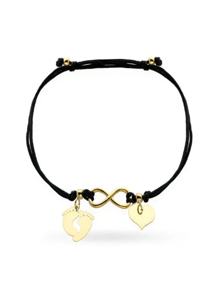 Bransoletka stópki nieskończoność i serce na czarnym sznurku • Złoto 585 1.04 g