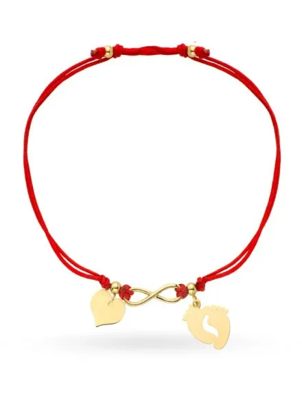 Bransoletka stópki nieskończoność i serce na czerwonym sznurku • Złoto 585 0.93 g