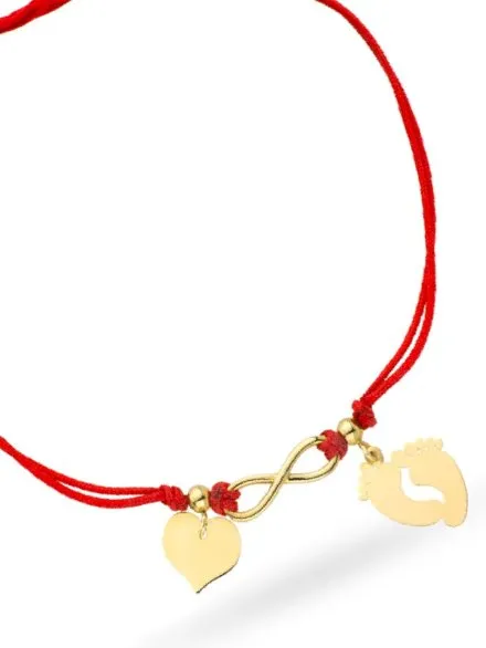 Bransoletka stópki nieskończoność i serce na czerwonym sznurku • Złoto 585 0.93 g