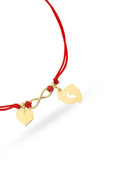 Bransoletka stópki nieskończoność i serce na czerwonym sznurku • Złoto 585 0.93 g