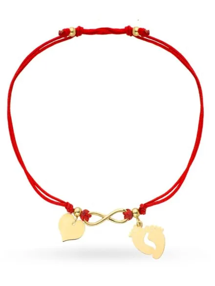 Bransoletka stópki nieskończoność i serce na czerwonym sznurku • Złoto 585 0.93 g