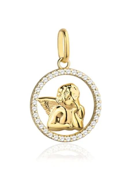 Złota zawieszka wisiorek aniołek w kole wysadzanym cyrkoniami • Złoto 585 0.95 g