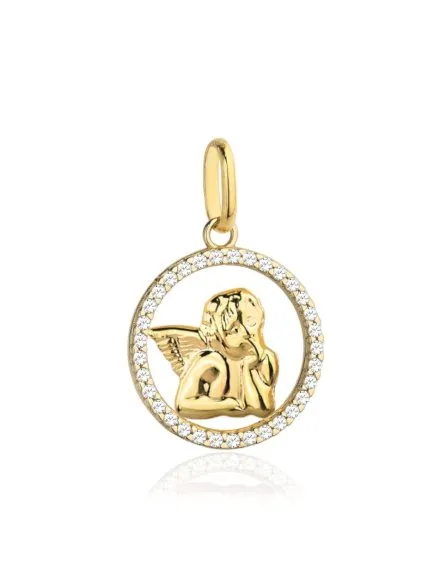 Złota zawieszka wisiorek aniołek w kole wysadzanym cyrkoniami • Złoto 585 0.95 g