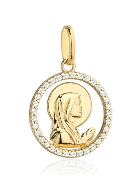 Złota zawieszka medalik Matka Boska modląca się w kółku wysadzanym cyrkoniami • Złoto 585 0.97 g