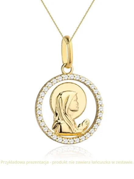 Złota zawieszka medalik Matka Boska modląca się w kółku wysadzanym cyrkoniami • Złoto 585 0.97 g