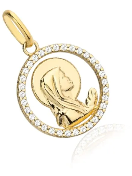 Złota zawieszka medalik Matka Boska modląca się w kółku wysadzanym cyrkoniami • Złoto 585 0.97 g