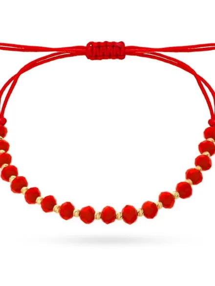 Bransoletka diamentowane kulki i czerwone kamienie na sznurku • Złoto 585 0.68 g