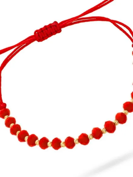 Bransoletka diamentowane kulki i czerwone kamienie na sznurku • Złoto 585 0.68 g