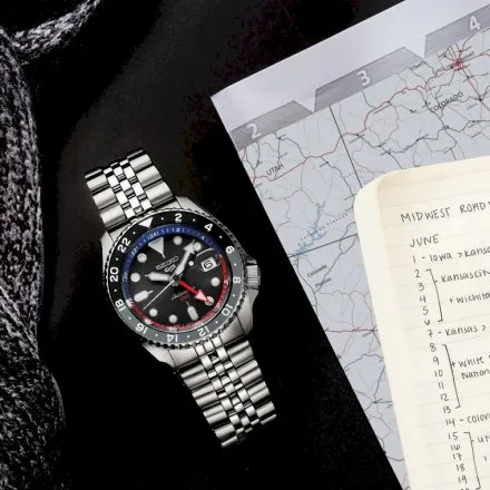 Seiko SSK019K1 5 Sports GMT męski zegarek automatyczny z czarną tarczą