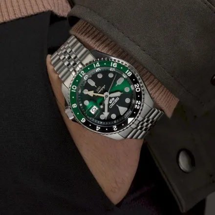 Seiko SSK035K1 5 Sports GMT męski zegarek automatyczny srebrny zielona tarcza