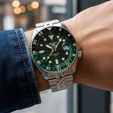 Seiko SSK035K1 5 Sports GMT męski zegarek automatyczny srebrny zielona tarcza