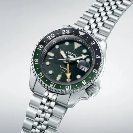 Seiko SSK035K1 5 Sports GMT męski zegarek automatyczny srebrny zielona tarcza