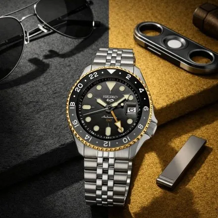 Seiko SSK021K1  5 Sports GMT męski zegarek automatyczny elegancki z czarną tarczą