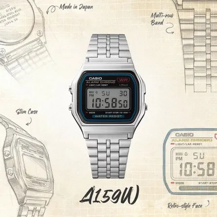 Casio Vintage A159WE-1EF srebrny zegarek w stylu retro z wyświetlaczem