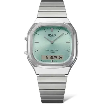 Casio Vintage AQ-240E-2AEF srebrny zegarek w stylu retro z bransoletką i błękitną tarczą
