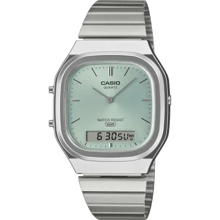 Casio Vintage AQ-240E-2AEF srebrny zegarek w stylu retro z bransoletką i błękitną tarczą