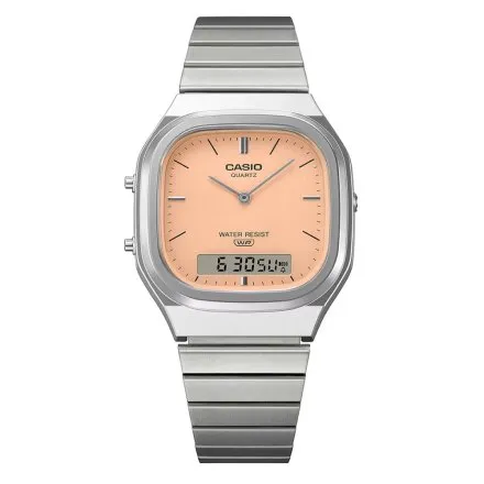 Casio Vintage AQ-240E-4AEF srebrny zegarek w stylu retro z bransoletką i pomarańczową tarczą