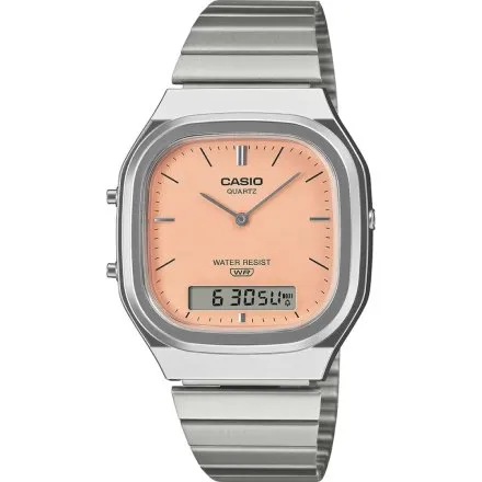 Casio Vintage AQ-240E-4AEF srebrny zegarek w stylu retro z bransoletką i pomarańczową tarczą