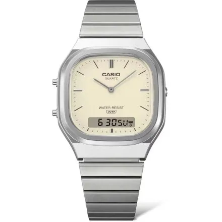 Casio Vintage AQ-240E-7A2EF srebrny zegarek w stylu retro z bransoletką i tarczą w kolorze kości słoniowej