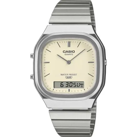 Casio Vintage AQ-240E-7A2EF srebrny zegarek w stylu retro z bransoletką i tarczą w kolorze kości słoniowej