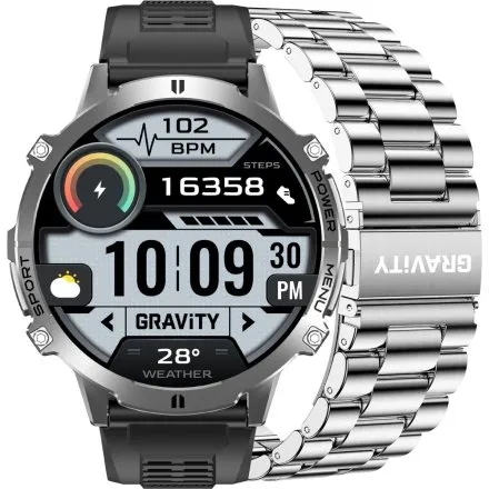 GRAVITY GT42-3 srebrny smartwatch męski AMOLED Z DODATKOWĄ BRANSOLETĄ