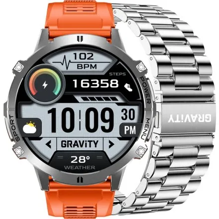 GRAVITY GT42-4 srebrny smartwatch męski amoled z pomarańczowym paskiem