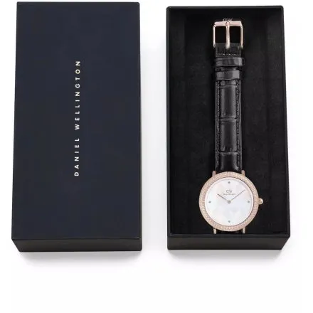 Zegarek Daniel Wellington Crystalline DW00100827 32mm różowozłoty z masą perłową i czarnym paskiem