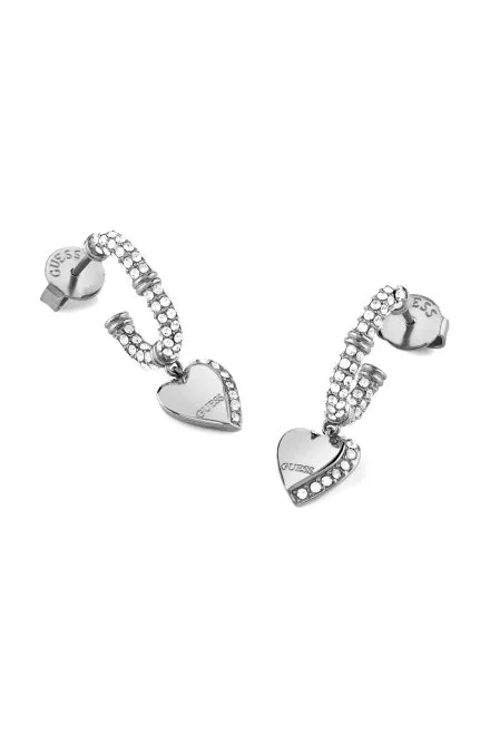 Guess BY YOUR SIDE srebrne kolczyki kółka z wiszącymi serduszkami JUBE06075JW