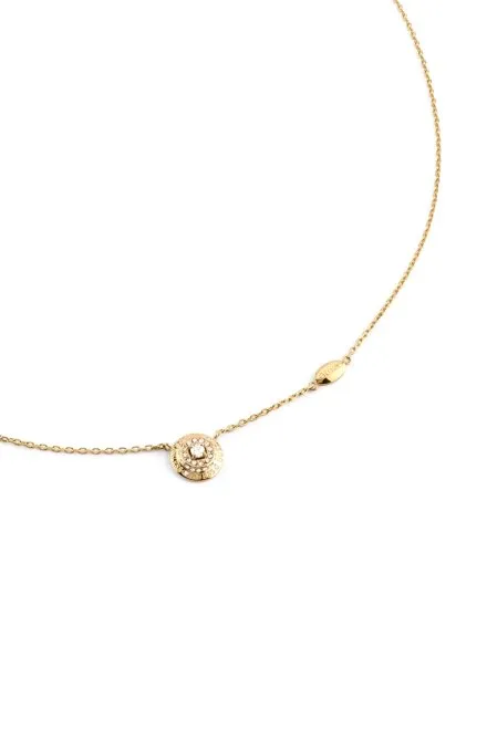 Guess Sparks złoty naszyjnik z okrągłą zawieszką z logo i kryształkami JUBN06287JW
