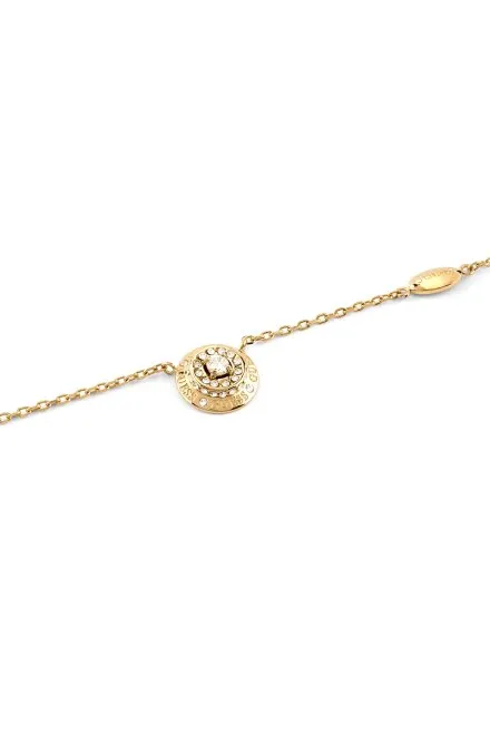 Guess Sparks złoty naszyjnik z okrągłą zawieszką z logo i kryształkami JUBN06287JW