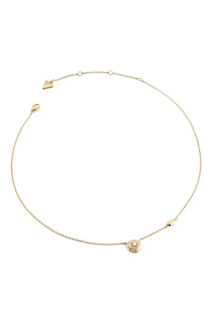 Guess Sparks złoty naszyjnik z okrągłą zawieszką z logo i kryształkami JUBN06287JW