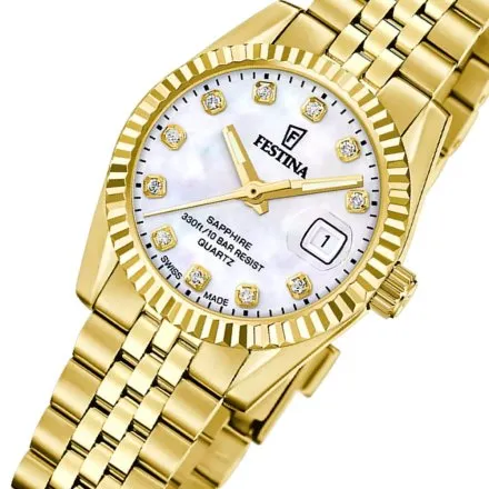 Festina Classic Zegarek Damski złoty na bransolecie z perłową tarczą 20089/1